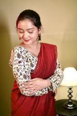 Wine cotton handloom saree with floral printed blouse - Cotton Dori