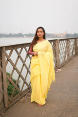 Yellow cotton handloom saree with floral printed blouse - Cotton Dori