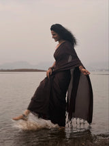 Premium Cotton Handloom Saree – Dark Brown Cotton Saree with Printed Blouse