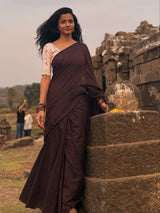 Premium Cotton Handloom Saree – Dark Brown Cotton Saree with Printed Blouse