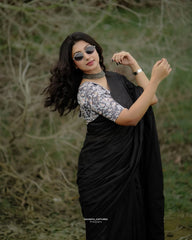 Pure Cotton Black Handloom Saree With Beautiful Printed Blouse