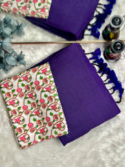 Premium Handloom Cotton Saree - Classy purple saree with Embellished White printed blouse - Cotton Dori