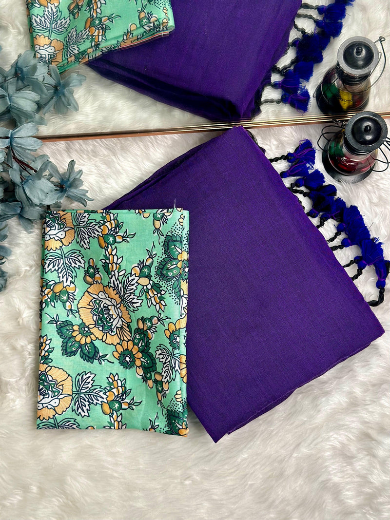 Premium Handloom Cotton Saree - Dark purple saree with mint flower printed blouse
