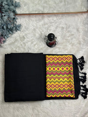 Premium Handloom Cotton Saree - Elegant black saree with yellow blouse - Cotton Dori