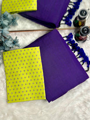 Premium Handloom Cotton Saree - Violet saree with lemon yellow blouse - Cotton Dori
