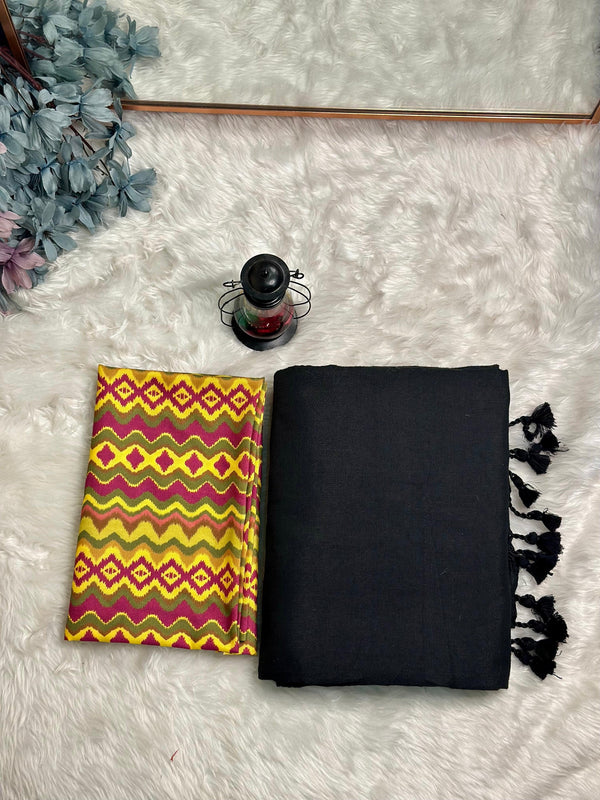 Premium Handloom Cotton Saree - Elegant black saree with yellow blouse - Cotton Dori