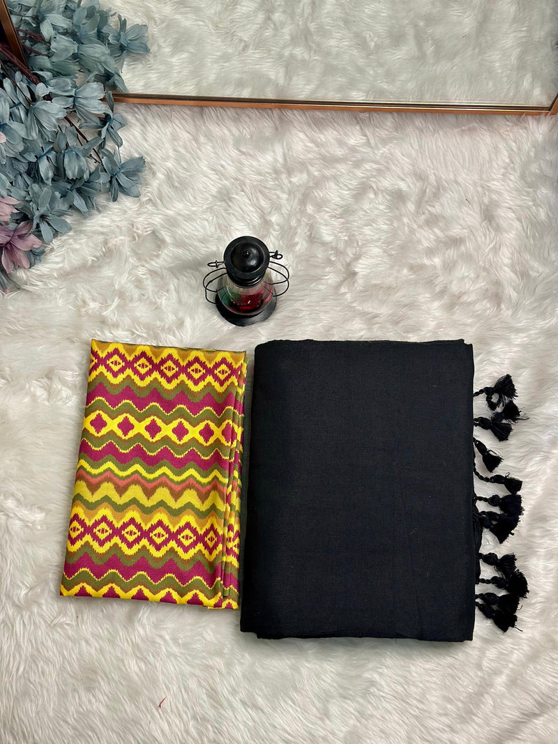 Premium Handloom Cotton Saree - Elegant black saree with yellow blouse - Cotton Dori