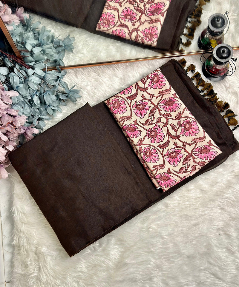 Premium Handloom Cotton Saree - Mocha brown saree with brown flower printed blouse - Cotton Dori