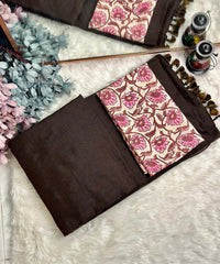 Premium Handloom Cotton Saree - Mocha brown saree with brown flower printed blouse - Cotton Dori