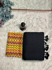 Premium Handloom Cotton Saree - Elegant black saree with yellow blouse - Cotton Dori