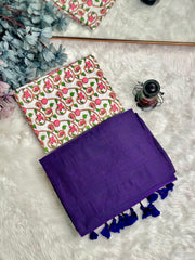 Premium Handloom Cotton Saree - Classy purple saree with Embellished White printed blouse - Cotton Dori