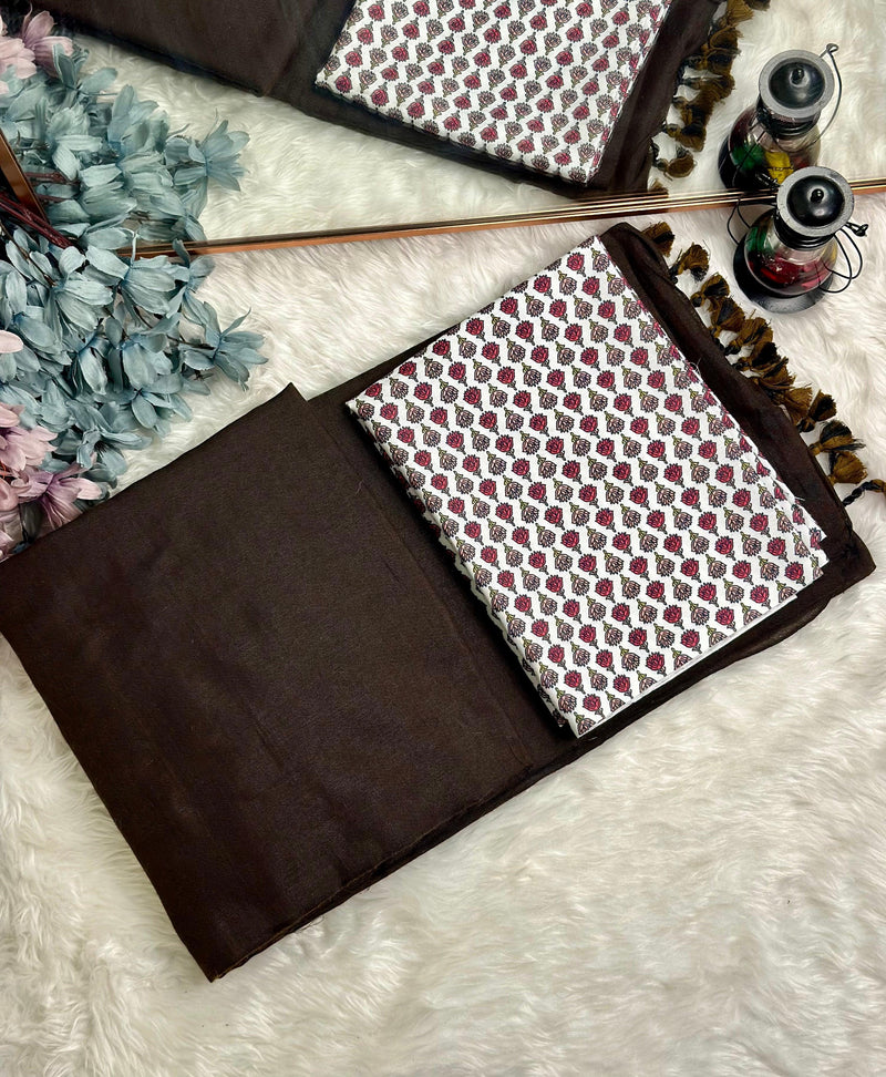 Premium Handloom Cotton Saree - Earthy brown saree with white printed blouse - Cotton Dori
