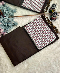 Premium Handloom Cotton Saree - Earthy brown saree with white printed blouse - Cotton Dori