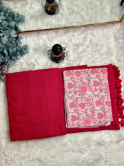 Premium Handloom Cotton Saree - Mahi Red saree with grey flower printed blouse - Cotton Dori