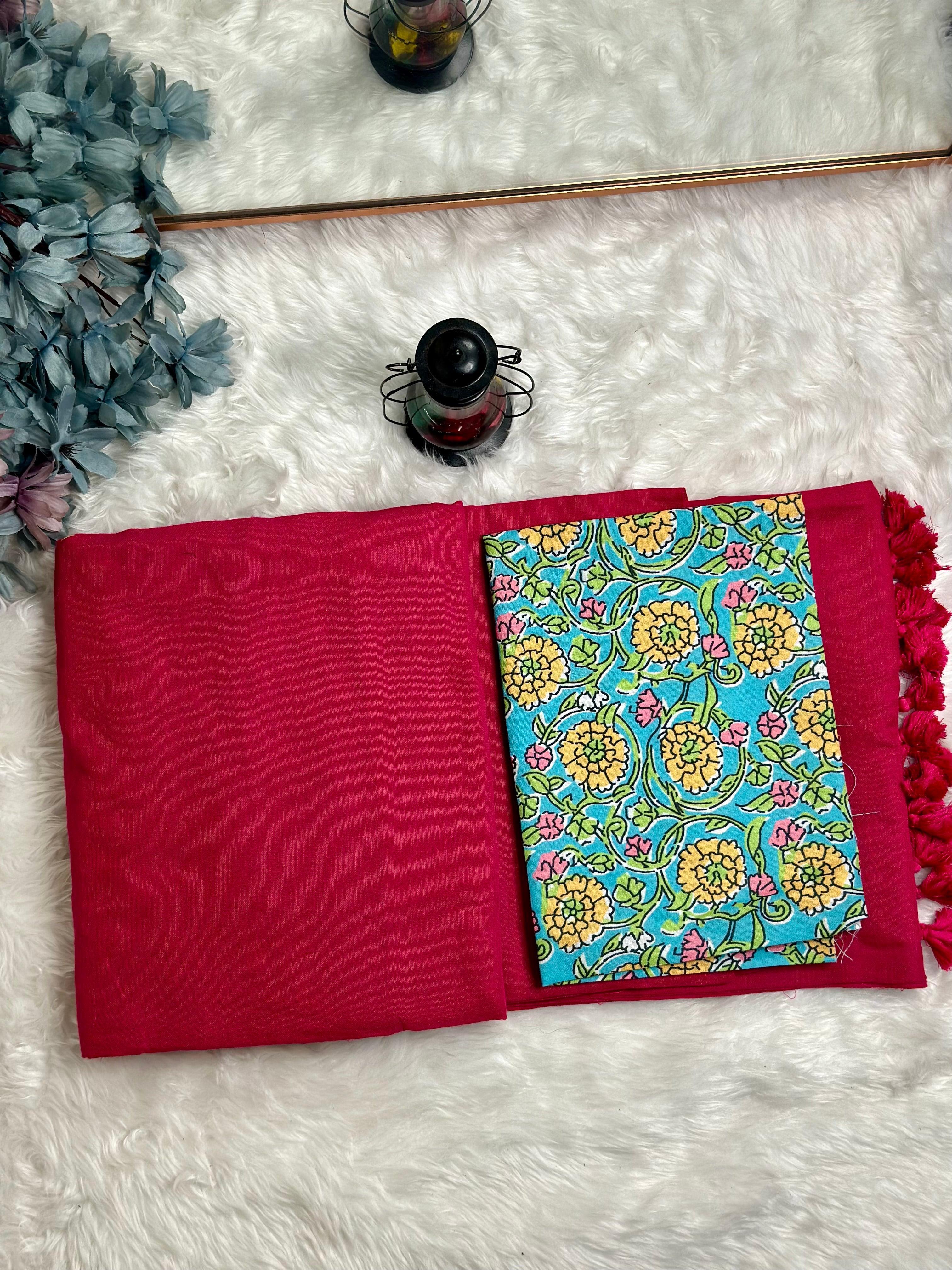 Premium Handloom Cotton Saree - Traditional red saree with baby blue flower printed blouse - Cotton Dori