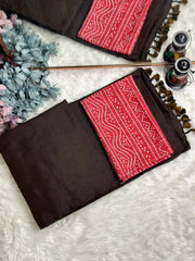 Premium Handloom Cotton Saree - brown saree with strawberry red blouse - Cotton Dori