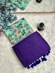 Premium Handloom Cotton Saree - Dark purple saree with mint flower printed blouse - Cotton Dori