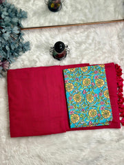 Premium Handloom Cotton Saree - Traditional red saree with baby blue flower printed blouse - Cotton Dori