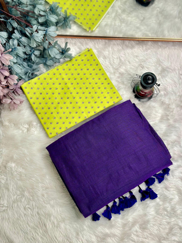 Premium Handloom Cotton Saree - Violet saree with lemon yellow blouse - Cotton Dori