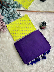 Premium Handloom Cotton Saree - Violet saree with lemon yellow blouse - Cotton Dori