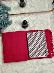 Crimson Red Saree with White Printed BlousePremium Handloom Cotton Saree - - Cotton Dori