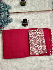 Premium Handloom Cotton Saree - Ruby red saree with cream floral printed blouse - Cotton Dori