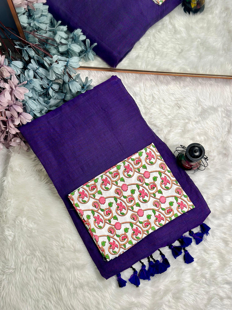 Premium Handloom Cotton Saree - Classy purple saree with Embellished White printed blouse - Cotton Dori