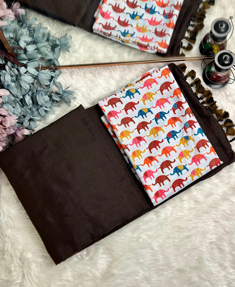 Premium Handloom Cotton Saree - Rich brown saree with elephant printed blouse - Cotton Dori