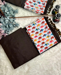 Premium Handloom Cotton Saree - Rich brown saree with elephant printed blouse - Cotton Dori