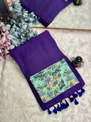 Premium Handloom Cotton Saree - Dark purple saree with mint flower printed blouse - Cotton Dori