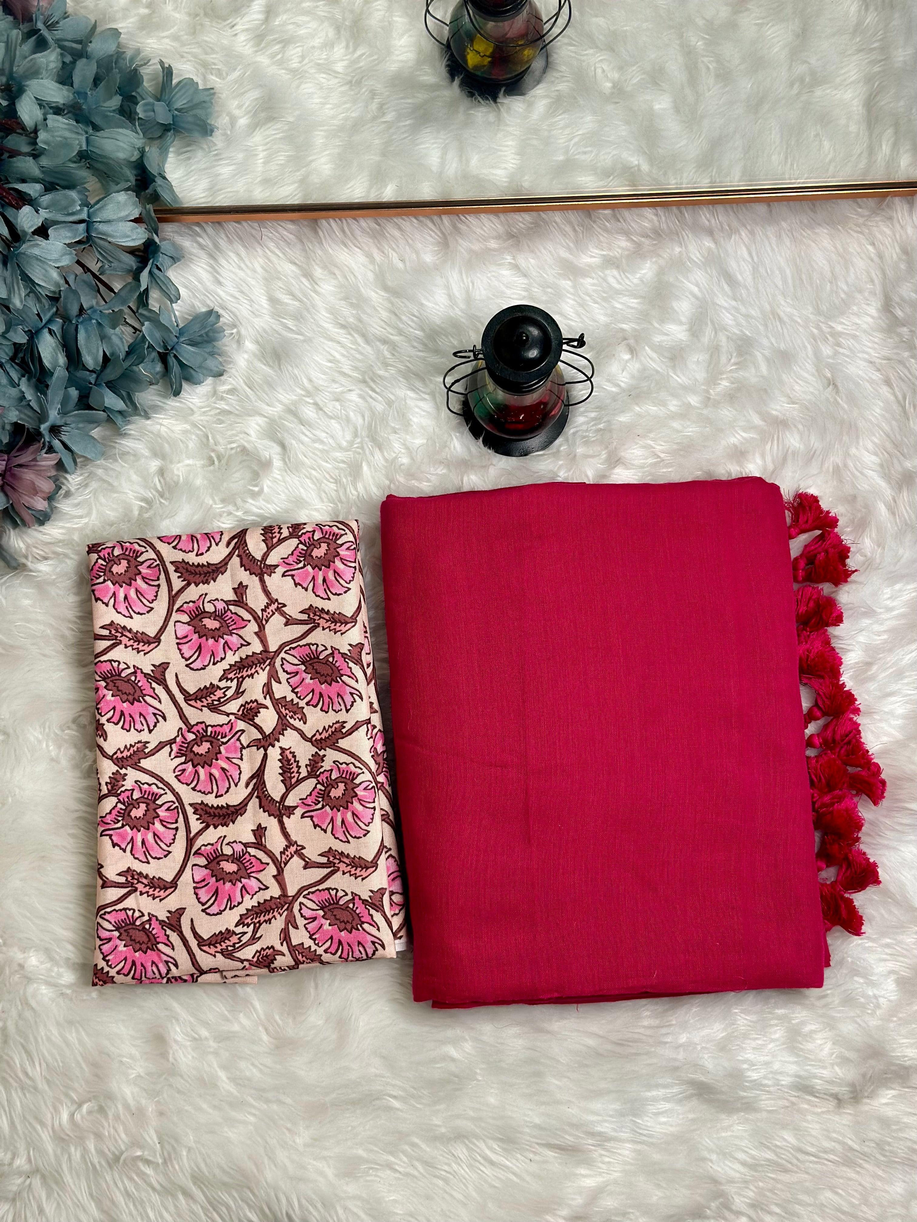 Premium Handloom Cotton Saree - Ruby red saree with cream floral printed blouse - Cotton Dori
