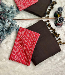 Premium Handloom Cotton Saree - brown saree with strawberry red blouse - Cotton Dori