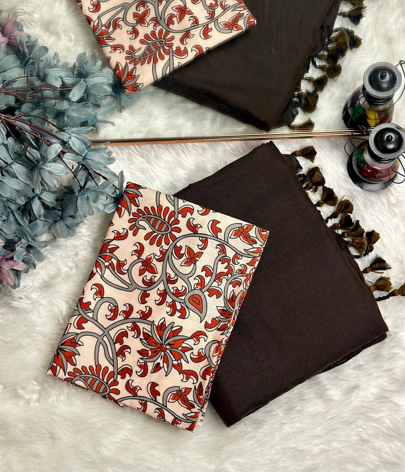 Premium Handloom Cotton Saree - Espresso brown with red flower printed blouse - Cotton Dori