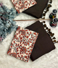 Premium Handloom Cotton Saree - Espresso brown with red flower printed blouse - Cotton Dori