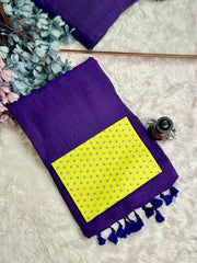 Premium Handloom Cotton Saree - Violet saree with lemon yellow blouse - Cotton Dori