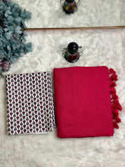 Crimson Red Saree with White Printed BlousePremium Handloom Cotton Saree - - Cotton Dori