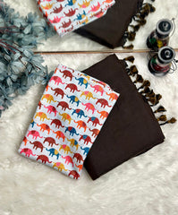 Premium Handloom Cotton Saree - Rich brown saree with elephant printed blouse - Cotton Dori