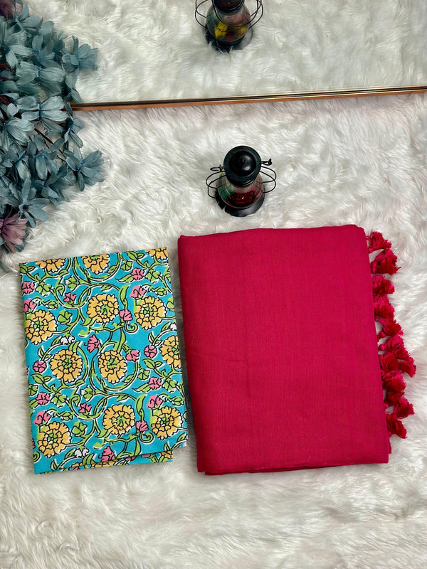 Premium Handloom Cotton Saree - Traditional red saree with baby blue flower printed blouse - Cotton Dori