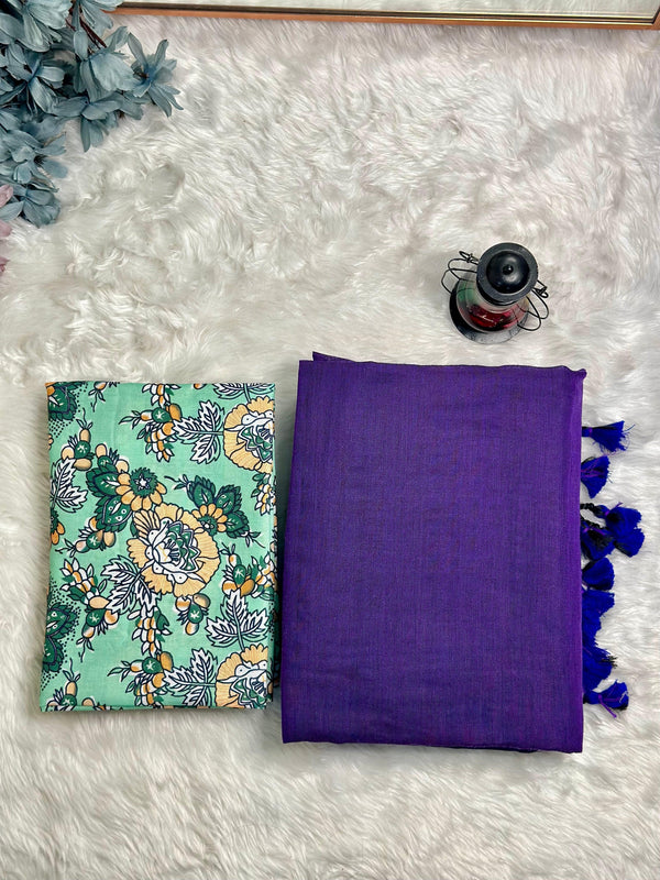 Premium Handloom Cotton Saree - Dark purple saree with mint flower printed blouse - Cotton Dori