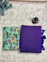 Premium Handloom Cotton Saree - Dark purple saree with mint flower printed blouse - Cotton Dori