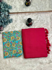 Premium Handloom Cotton Saree - Traditional red saree with baby blue flower printed blouse - Cotton Dori