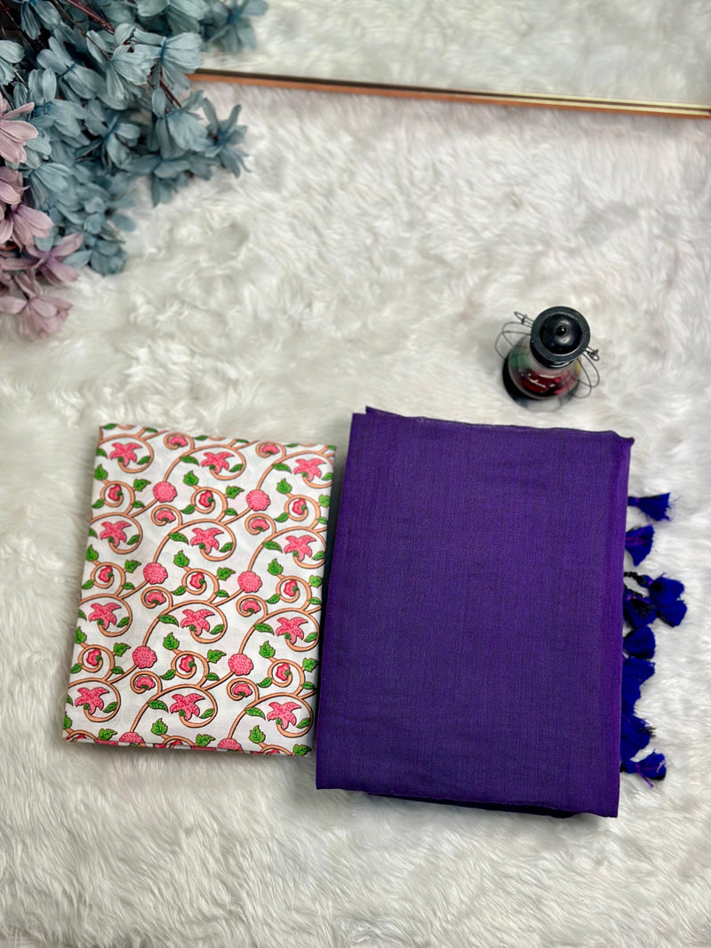 Premium Handloom Cotton Saree - Classy purple saree with Embellished White printed blouse