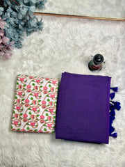 Premium Handloom Cotton Saree - Classy purple saree with Embellished White printed blouse - Cotton Dori