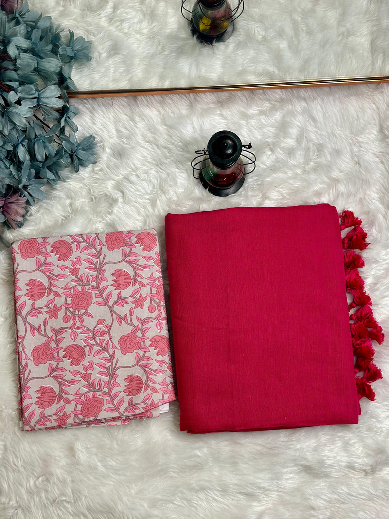 Premium Handloom Cotton Saree - Mahi Red saree with grey flower printed blouse - Cotton Dori