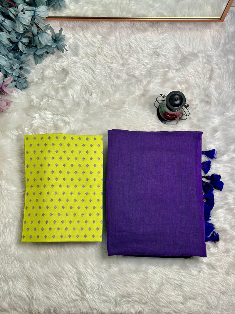 Premium Handloom Cotton Saree - Violet saree with lemon yellow blouse - Cotton Dori