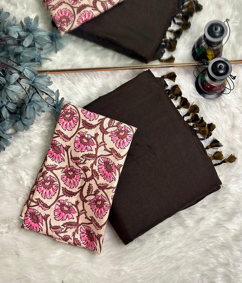 Premium Handloom Cotton Saree - Mocha brown saree with brown flower printed blouse