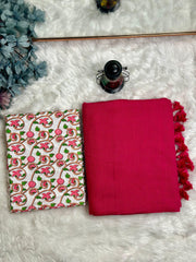 Premium Handloom Cotton Saree - Cotton Red saree with white flower printed blouse - Cotton Dori