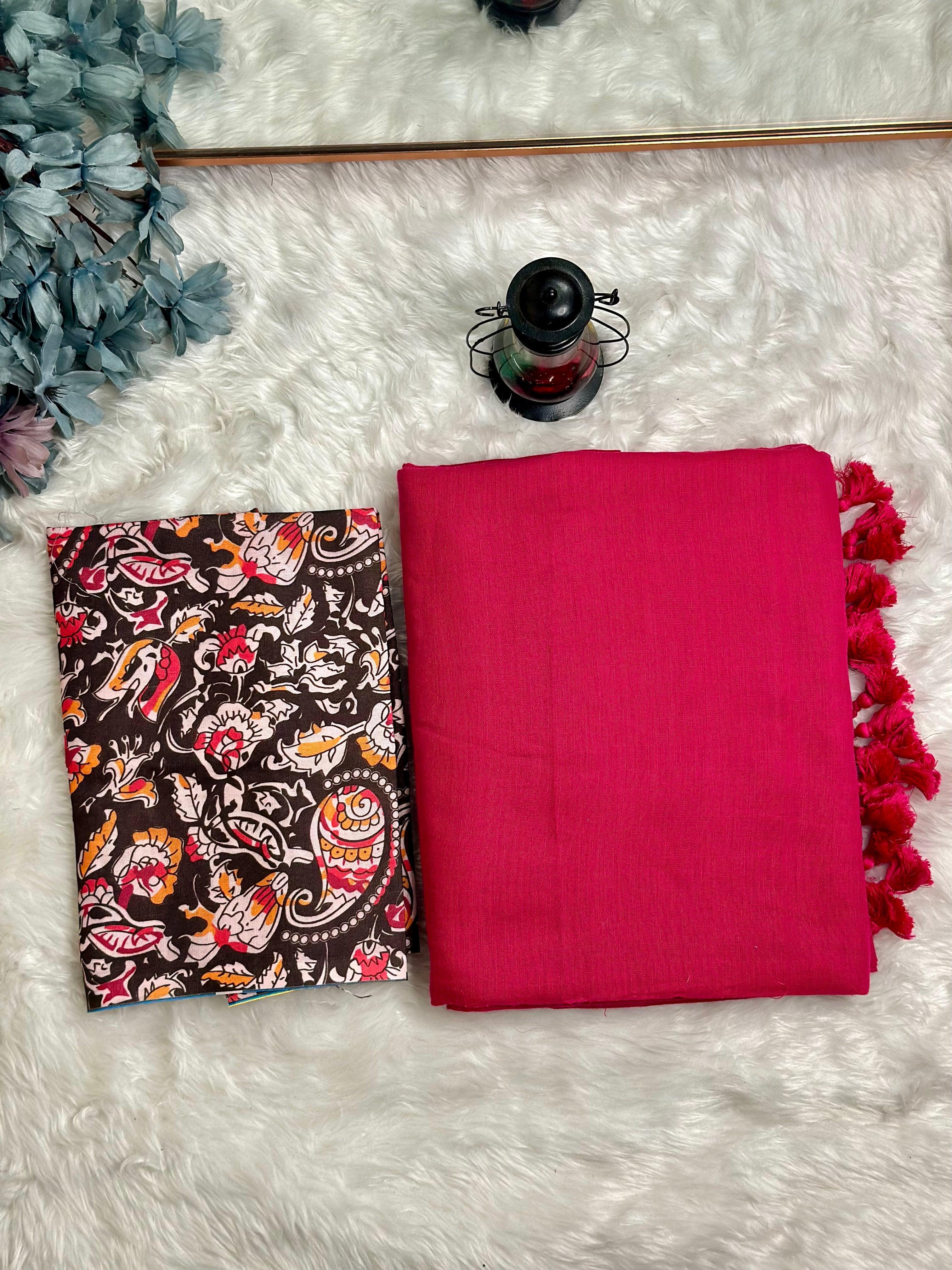 Premium Handloom Cotton Saree - Cherry red saree with black printed blouse - Cotton Dori