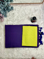 Premium Handloom Cotton Saree - Violet saree with lemon yellow blouse - Cotton Dori