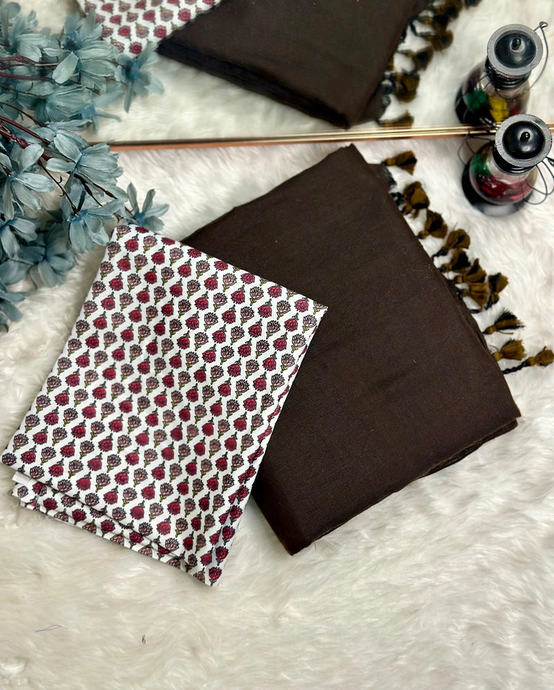 Premium Handloom Cotton Saree - Earthy brown saree with white printed blouse - Cotton Dori